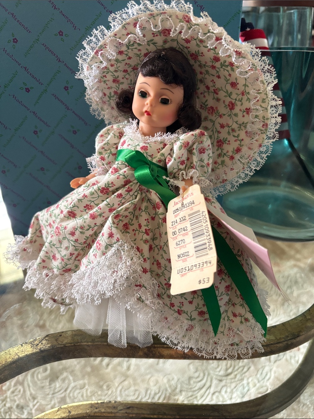 Madame Alexander Floral Dress Doll with Green Ribbon and Lace Bonnet Boxed Box